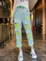 fashion holes jeans womens summer 2022 loose korean style pants leisure cropped green pearl beaded denim trousers