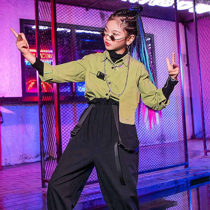 

Rave Outfit Hip-Hop Street Dance Clothes Green Girl Sets Stage Costume Jazz Dancewear Festival Clothing Black Cargo Pants