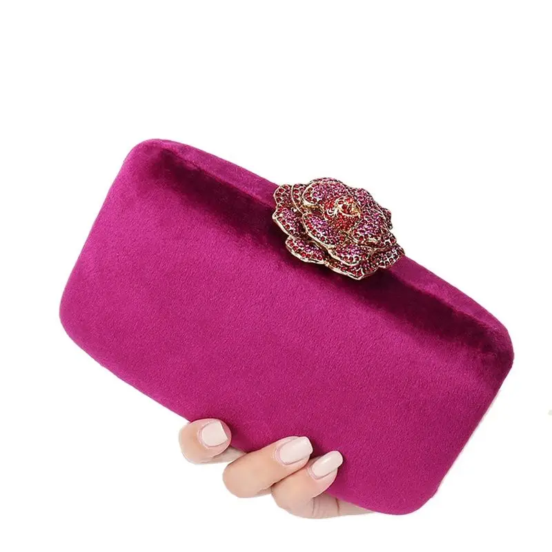 

2023 Velvet Evening Bags Diamond Flower Lock Elegant Clutch Bag Luxury Designer Purse Wedding Chain Clutch Party Banquet Bag