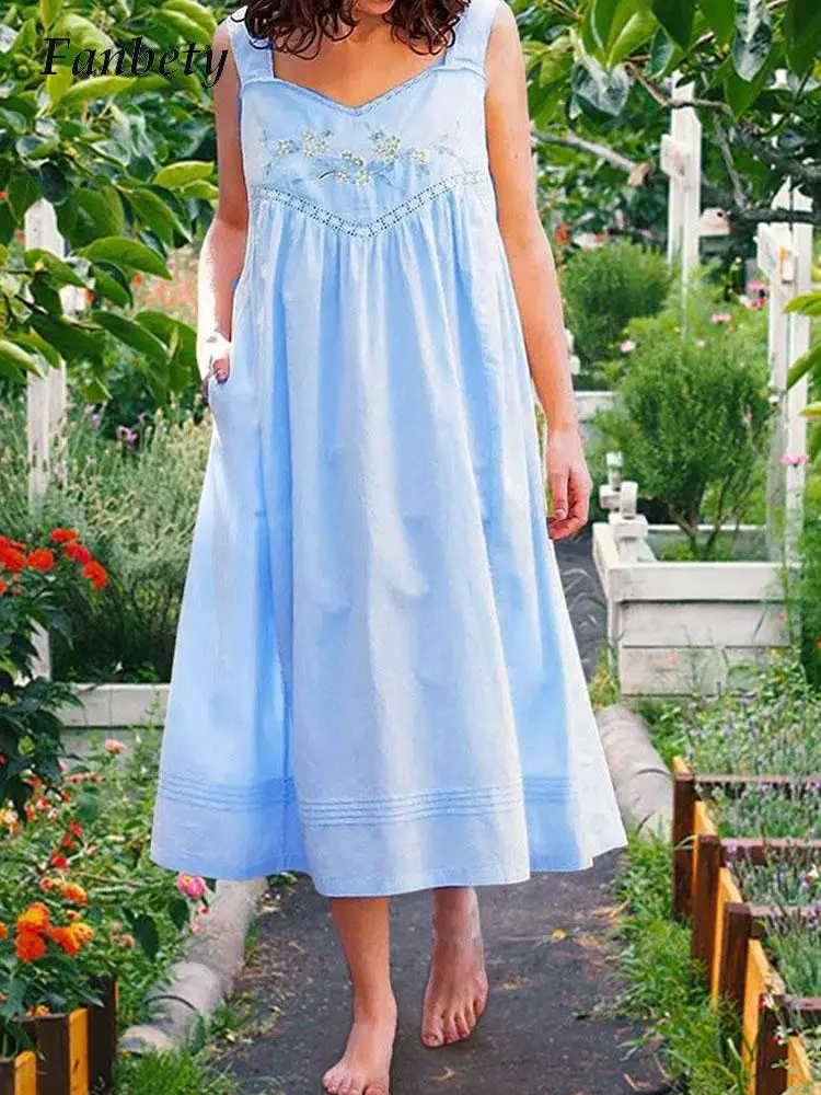 

Ladies Simple Pocket Beach A-Line Dress Summer V Neck Sleeveless Straps Midi Dress Ethnic Style Flowers Embroidery Loose Dresses