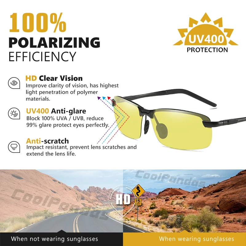 CoolPandas Square Sunglasses For Men Polarized Photochromic Glasses Women Night Vision Driving Goggles Anti-Glare gafas de sol