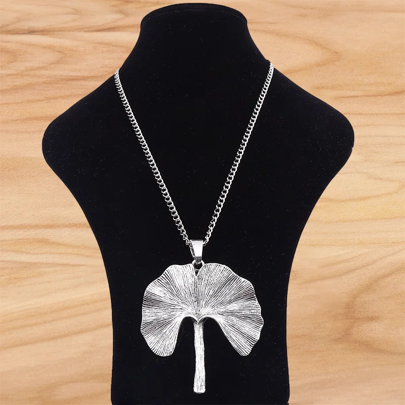 

1 Piece Tibetan Silver Large Ginkgo Biloba Leaf Jewelry Pendant Necklace on Long Link Chain Lagenlook 34"