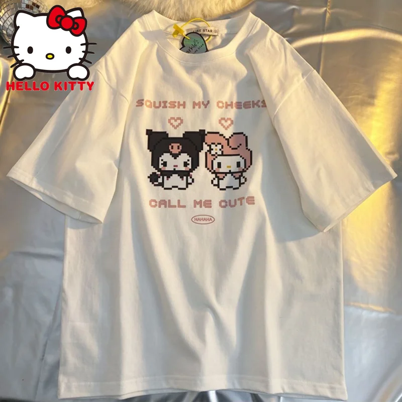 

Футболка женская Sanrio Kuromi Pixel Hello Kitty одежда, топ с коротким рукавом в стиле аниме Харадзюку, уличная одежда с мультяшным принтом, Y2k