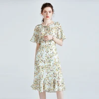 100 real silk womens dress mulberry silk high end printed short sleeved french summer dress waist slim skirt