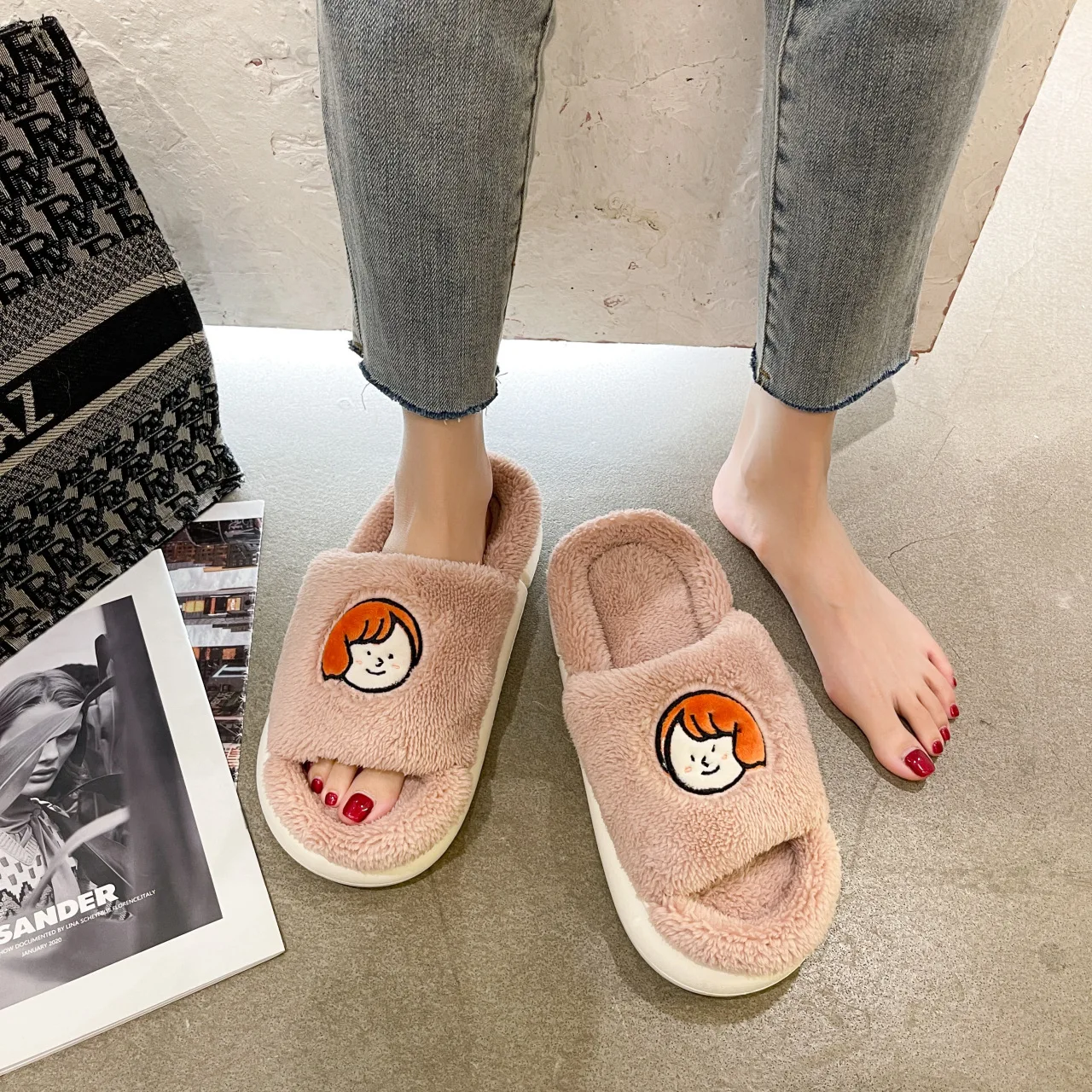 

Open Toe Cotton Slippers Cartoon Avatar Winter Warm Fashion Plush Slippers Open One Word Plush Cotton Slippers Women's Shoes