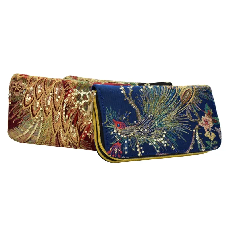 

Women Wallet Long Zipper Coin Purse Designers Luxury Handmade Embroidery Peacock Retro Clutch Wallet Female for Teenager Girl