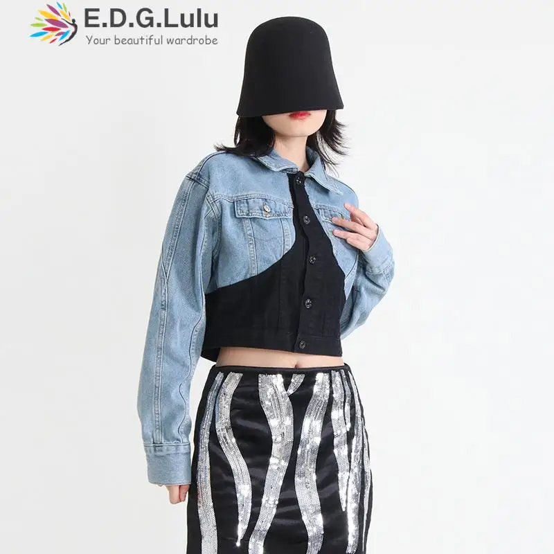 

EDGLuLu женский винтажный Модный Блейзер джинсовые лоскутные куртки 2023 отложной воротник однобортный короткий пиджак для женщин 0314