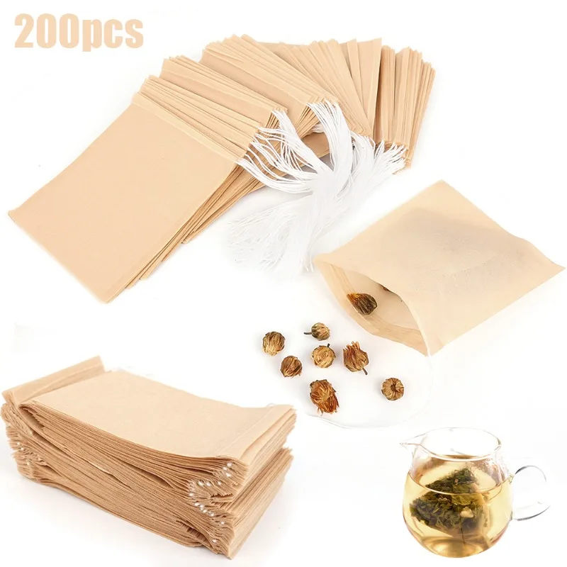

200 шт. одноразовые чайные пакеты, биоразлагаемый бумажный пакетик для чая с ниткой, запаянный, пустые пакетики со шнурком для специй, рассыпчатый листовой чайный порошок