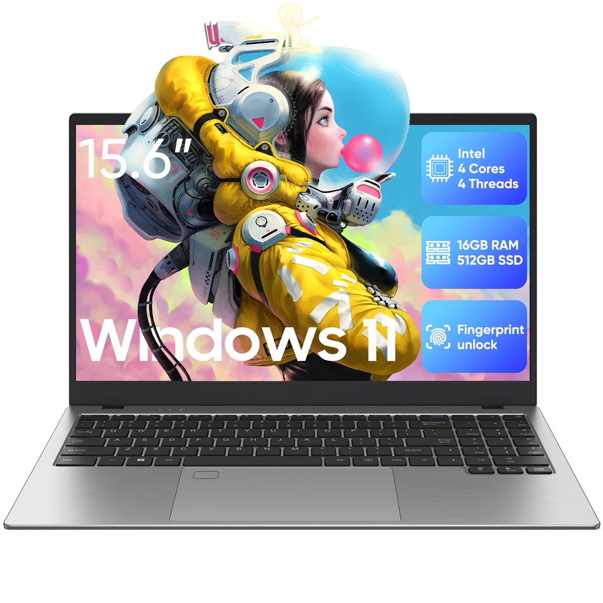 Laptop 15.6 Inch Intel Pentium Quad-Core N100 PC Up To 3.4GHz 16GB DDR5 RAM 512GB SSD ROM WiFi 6 Fingerprint USB Type-C