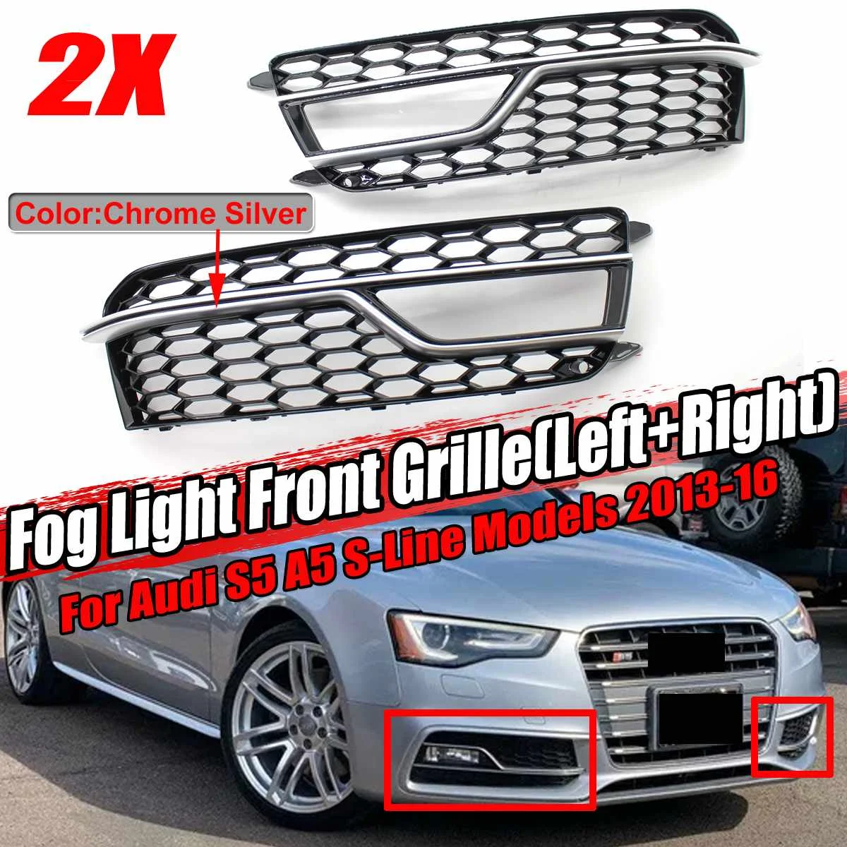

2x Car Honeycomb Mesh Bumper Fog Light Cover Honeycomb Grill Grille Cover For Audi S5 A5 S-Lines 2013-2016 8T0807681M 8T0807682M