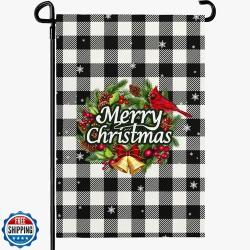 Фото Флаг для сада Cryfox Xmas Garden Flag, 12x18 дюймов, черно-белый, в клетку «Буффало», маленькие флаги для JJE DDI GGX №1