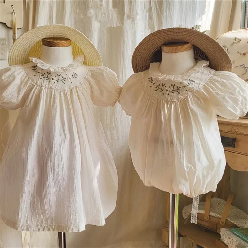 

Summer Floral Girl Dress Sweet Baby Girl Lotus Collar Bubble Short Sleeve Romper Girl Sisters Embroidery Dress Birthday Suit