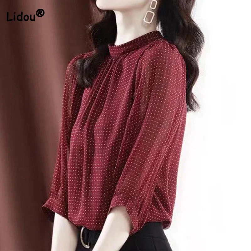 Summer Clothes for Fashion Women Blouses 2022 New Office Lady Crew Neck Polka Dot Pullover Three Quarter Sleeves Burgundy Tops