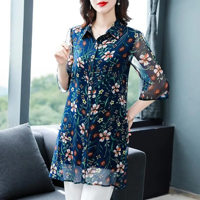 Korean Fashion Floral Printed Polo-Neck Casual Shirt Summer New Women's Clothing Midi Button 3/4 Sleeve Thin Chiffon Blouses