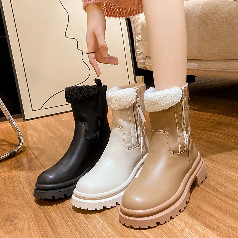 

Женские кроссовки на платформе, зимние однотонные ботинки из искусственной кожи на толстой подошве, со средним круглым носком, на молнии и к...