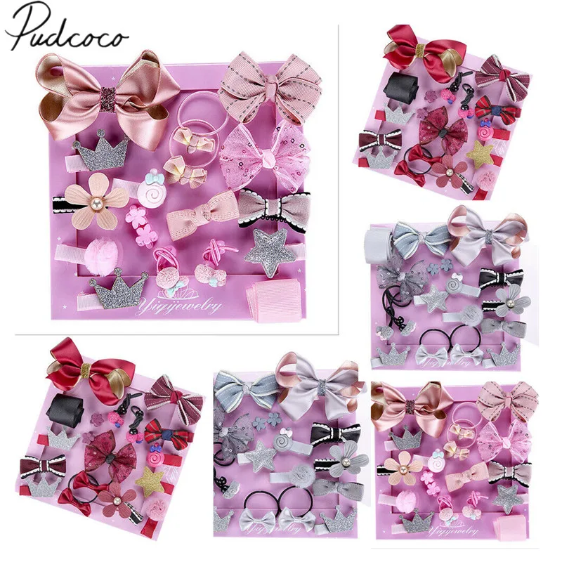 

2019 Baby Accessories Cute 18Pcs/Set Kids Infant Princess Hairpin Baby Girls Bowknot Flower Motifs Hair Clip Set Gift Box Props
