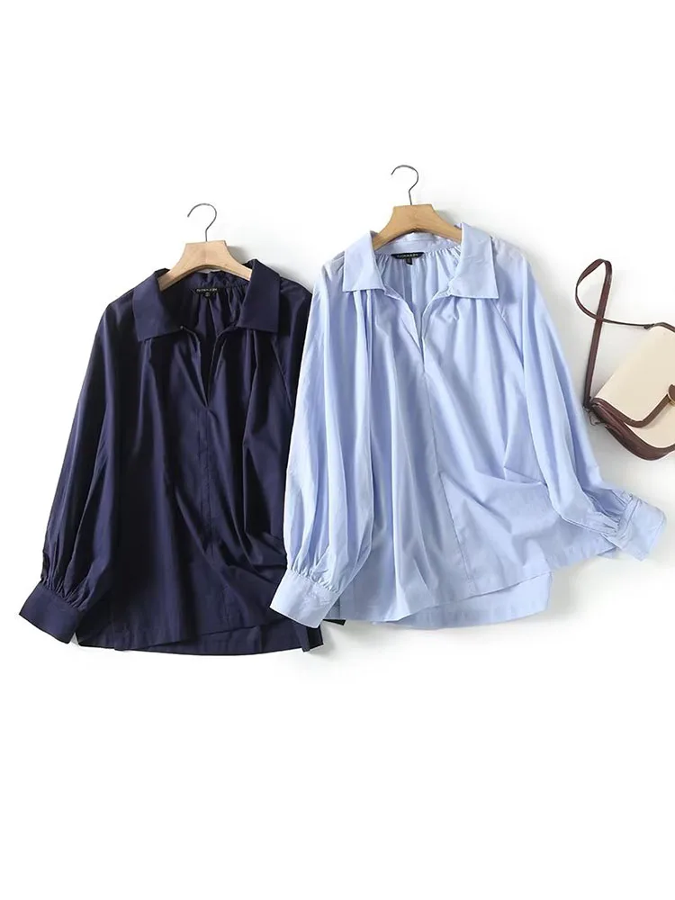 

Women 2023 Winter New Fashion Pleated Detail Cotton Blouses Vintage Long Sleeve Lapel Button Female Shirts Chic Tops