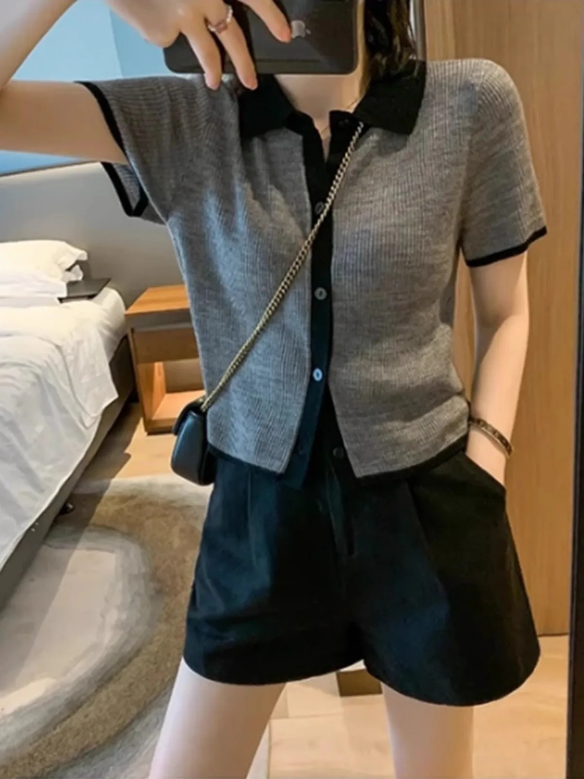 Женский очаровательный кардиган-поло с коротким рукавом и воротником-поло