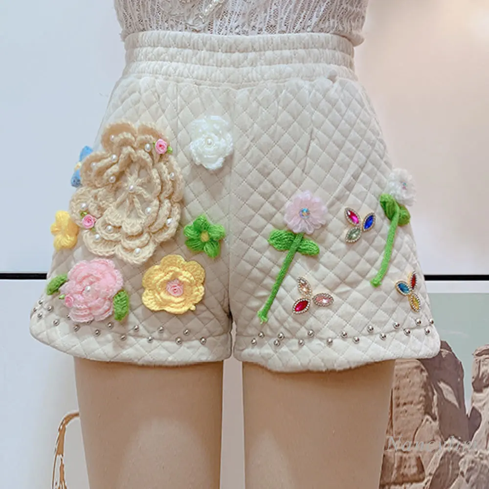 

Three-Dimensional Flowers Velour Shorts for Women Autumn and Winter New Korean Style Sweet Elastic Waist Wide-Leg Bootcut Shorts