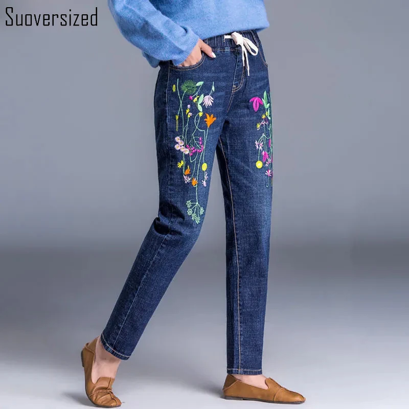 High Waist Floral Embroidery Harem Jeans Women Spring Autumn Design Casual Denim Pants Vintage Blue Streetwear CowBoy Trouser