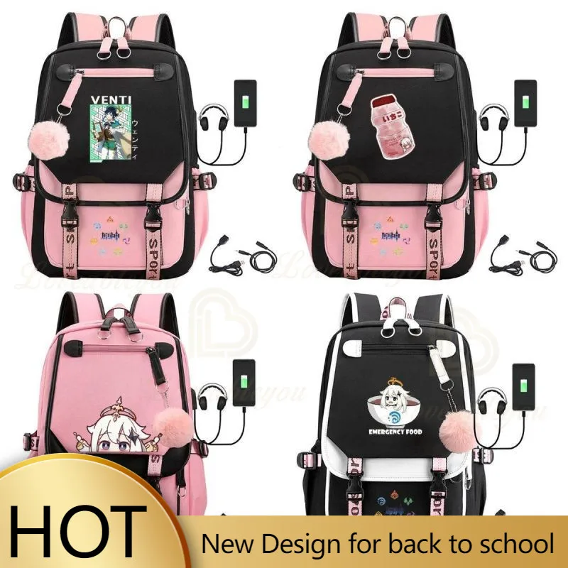 

Genshin Impact USB Charging Headphone Backpack School Bags Laptop Backpack Schoolbag Anime Mochilas