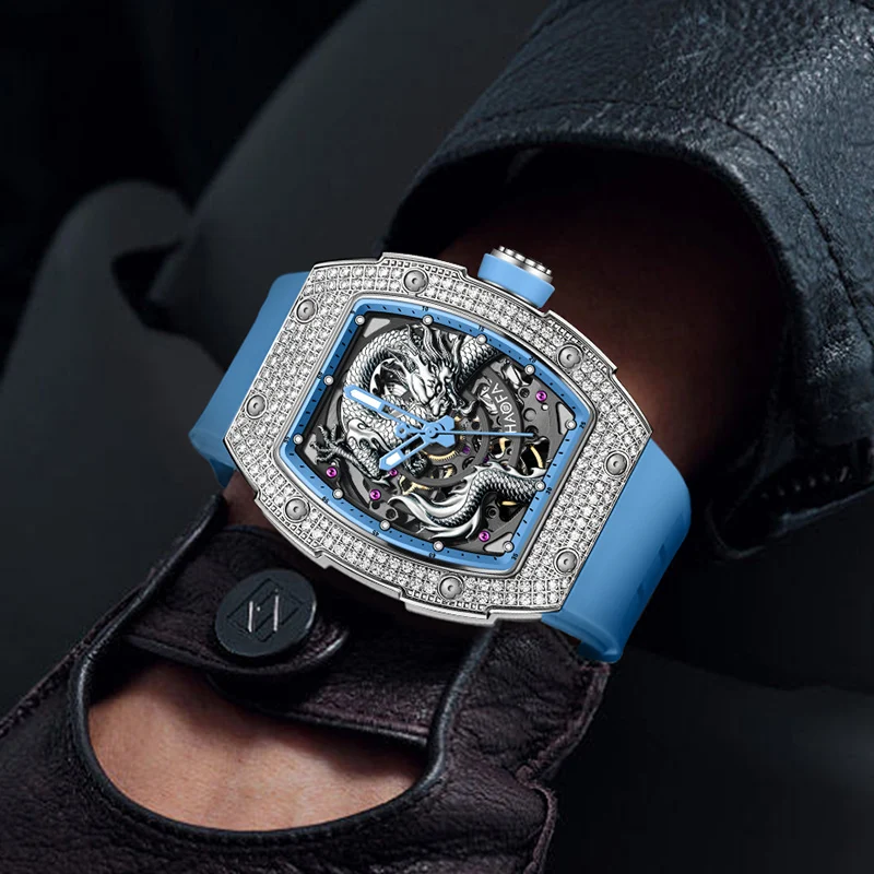 Фото Автоматические часы Haofa 3D Dragon Dial для мужчин, с бриллиантовым безелем, сапфировым стеклом, водонепроницаемые, с автоподзаводом, механические, светящиеся, 1968S №1