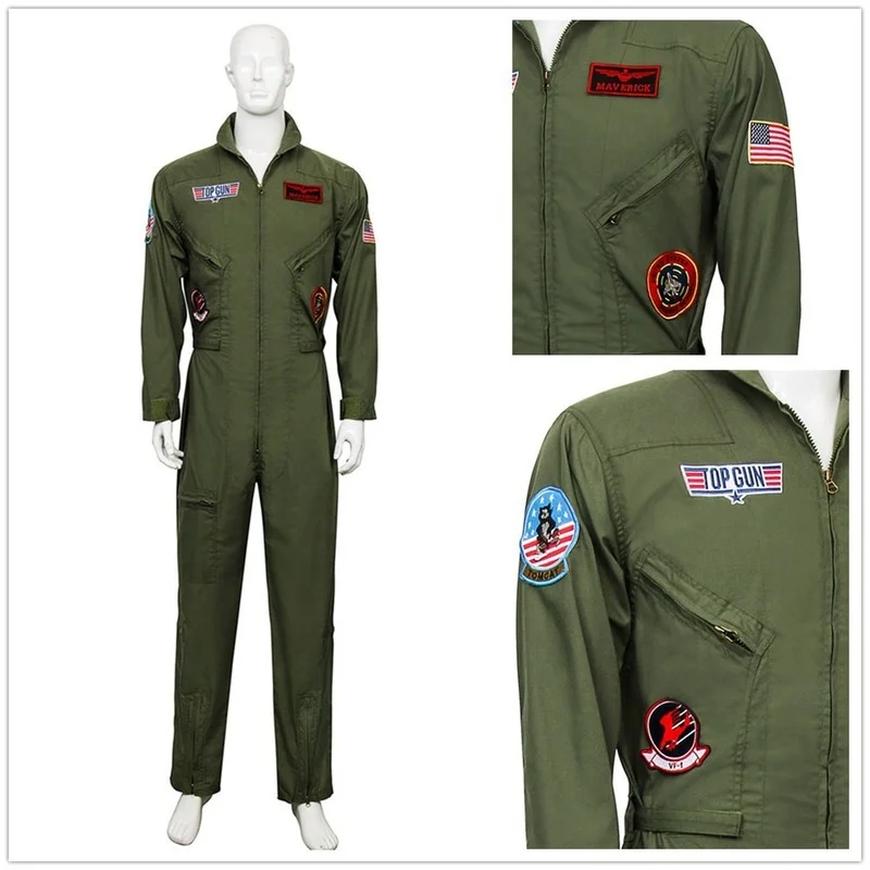 Top Gun Men Flight Suit Airman Costume Halloween Party Cosplay Policeman Special Forces Jumpsuit Role Play Pilot Aviator Uniform