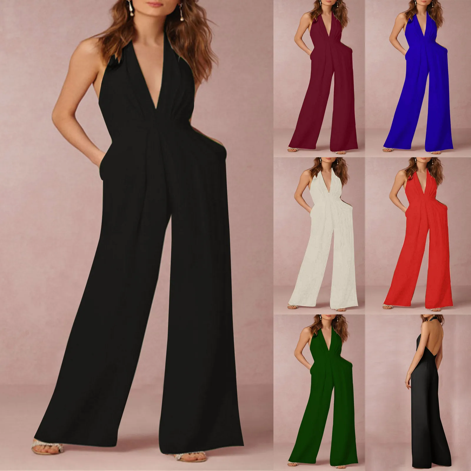 

Office Ladies Jumpsuit Sexy Deep V-neck Flared Pants One-pieces Macacao Feminino Halter Strapless Pocket Simple Woman Jumpsuit