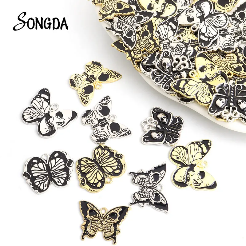 

5pcs Punk Enamel Skull Butterfly Charms Mix Style Black Butterflies Alloy Pendants DIY Necklace Making Findings Halloween Crafts