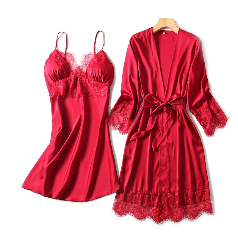 Women's Sleepwear 2 Pcs Sets Satin Silk Sleep Dress Sling Lace Dress and Robe Pajamas Set