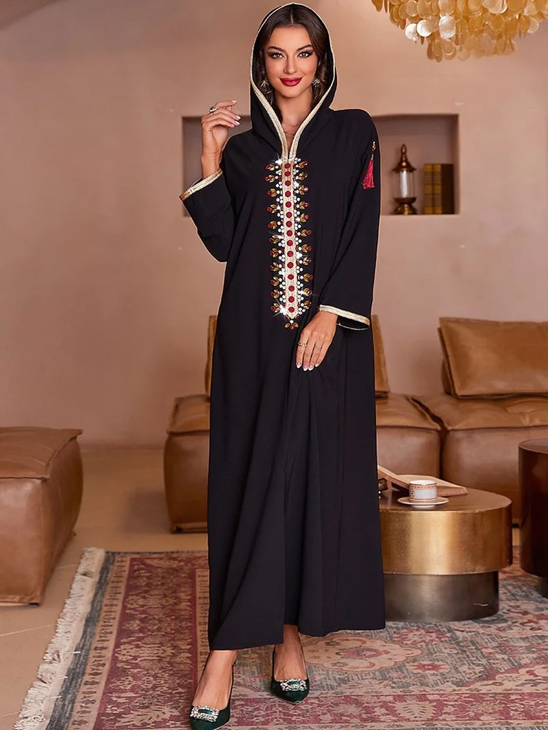 Tassel Djellaba Moroccan Hooded Caftan Women Handsewn Rhinestones Arab Long Dress Muslim Dubai Saudi Party Abaya Ramadan Kaftan