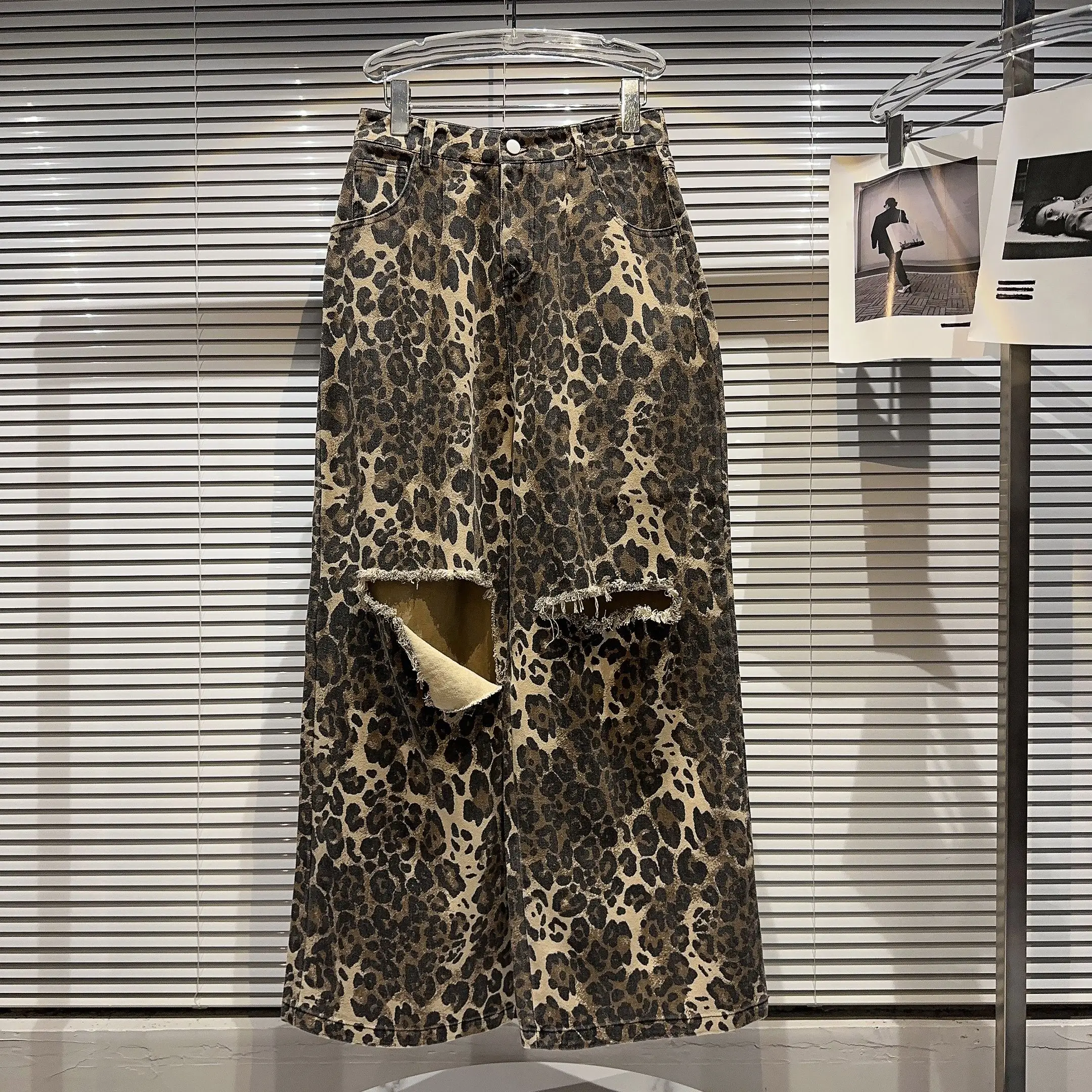 

Джинсы женские рваные с леопардовым принтом, свободные брюки из денима с широкими штанинами, повседневная одежда в уличном стиле, осень 2023