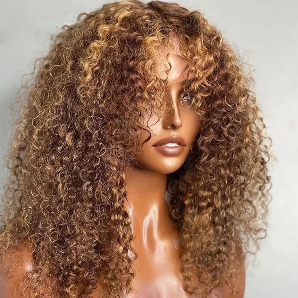 

Honey Blonde Human Hair Wigs For Women Kinky Curly 13x4 Lace Front Highlight Wig 200 Density Ombre Brown Colored Wigs PrePlucked