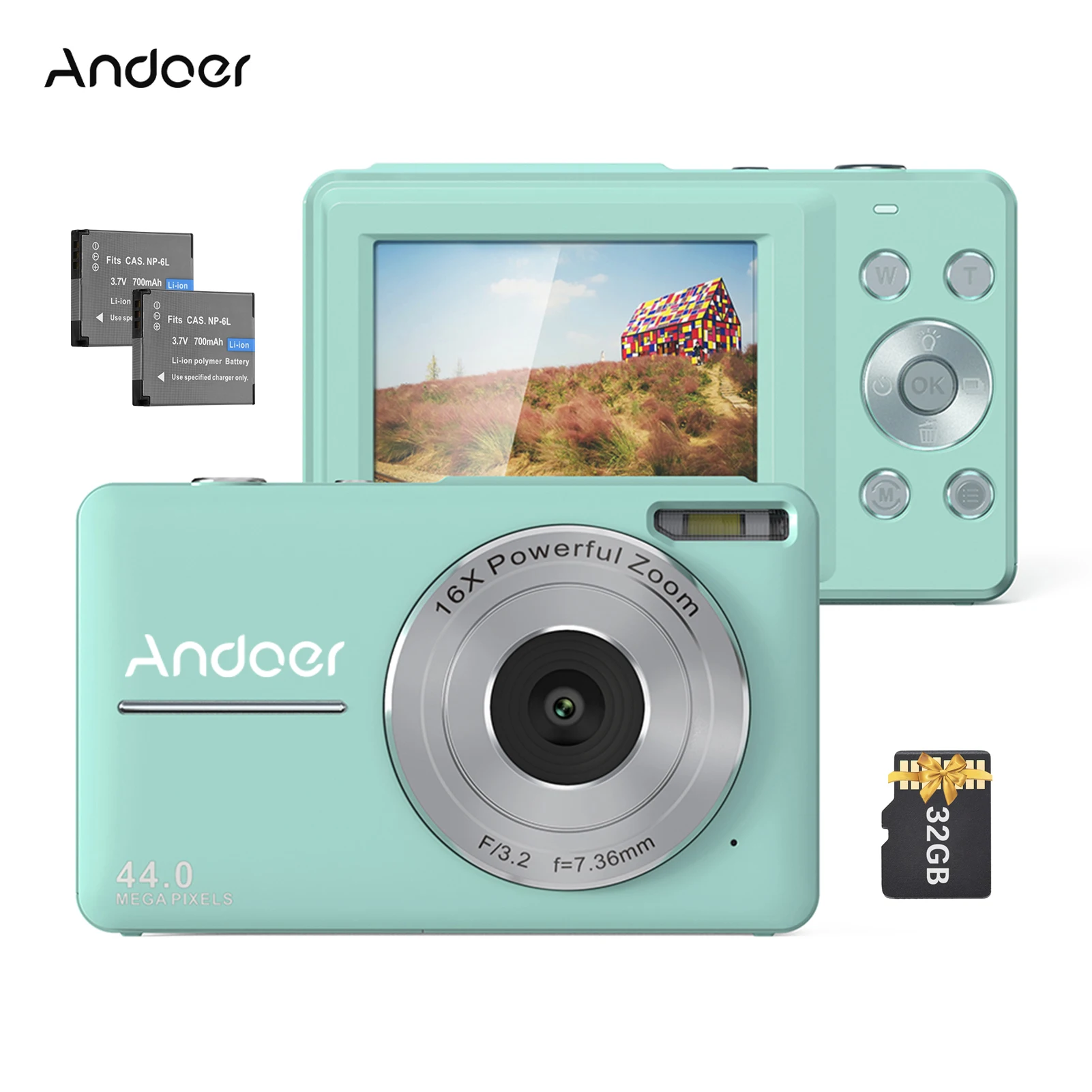 Andoer Portable Digital Camera 1080P Video Camcorder 44MP with 32GB Memory Card 2pcs Batteries Christmas Gift for Kids Teens