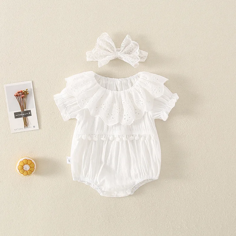 

Newborn Kids Bodysuits Baby Girls Cotton Summer Playsuits Jumpsuits Sunsuit Outfits Baby Summer Clothes with Hairband White 0-2Y