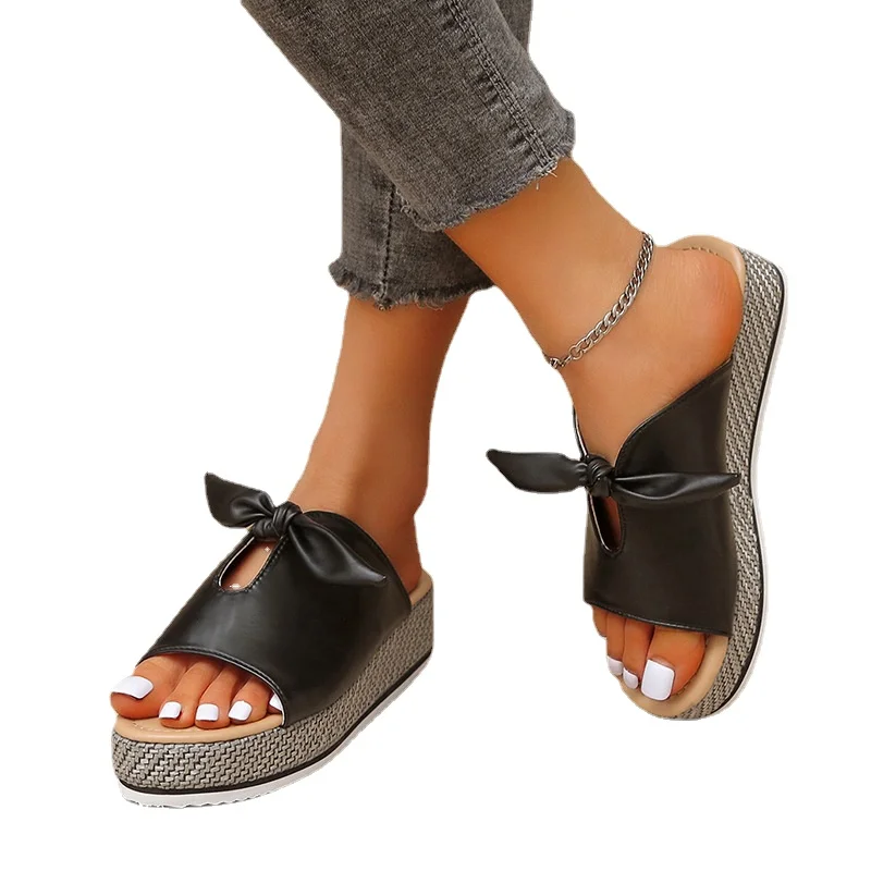 Female New Slides Ladies Open Toe Sewing Flat Shoes Women Butterfly-knot Casual Summer Slippers Plus Size 36-43