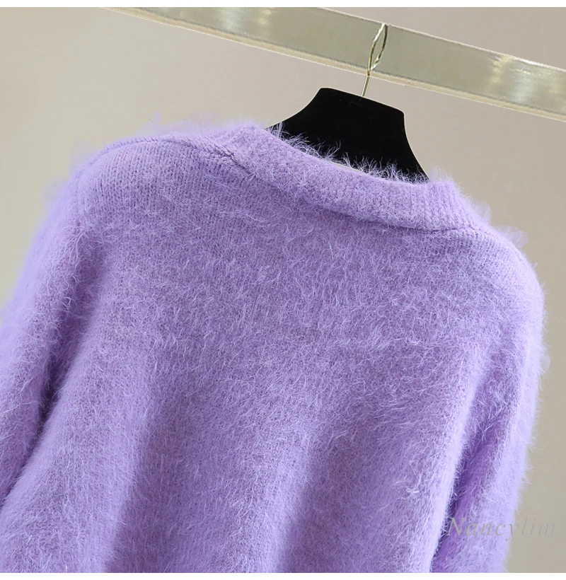 Фиолетовый кардиган для женщин вязаный из мохера с v-образным вырезом и цветочным