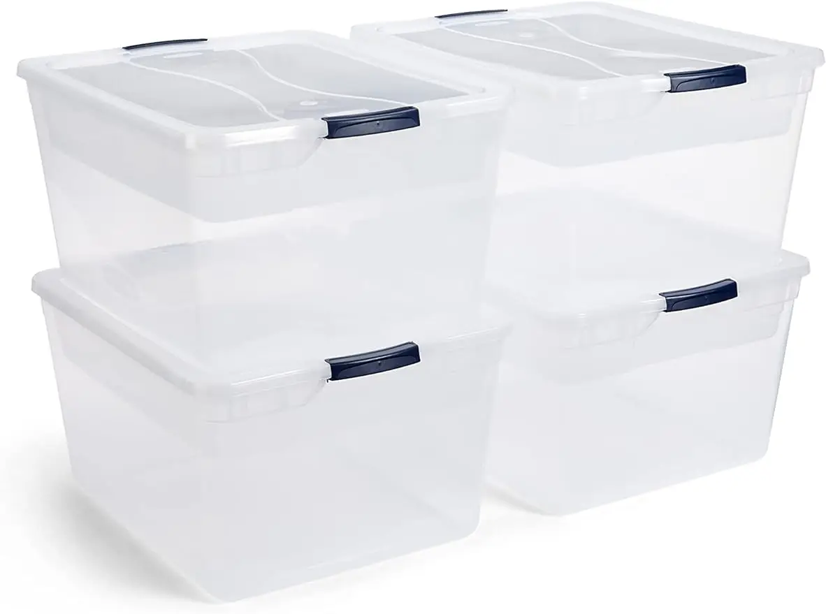 

Rubbermaid 71 Qt. Cleverstore Transparent bundle with tray insert, 4 per pack, plastic storage box, built-in handle storage