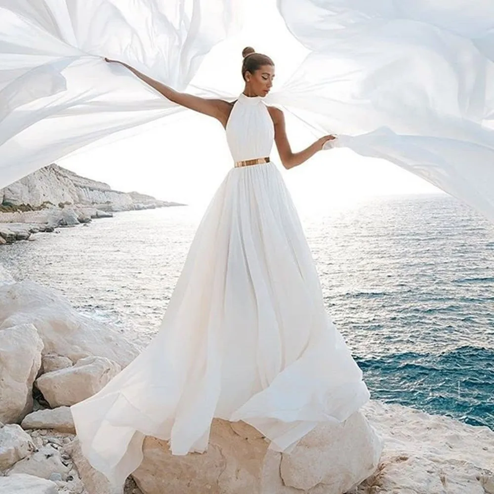 

Simple Wedding Dress Beach 2022 Sexy Backless A Line Ivory White Chiffon Halter Neck Wedding Gowns Long Dress Formal Robe Party