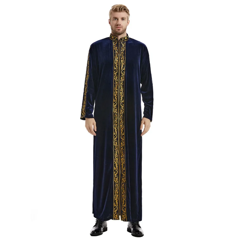 Men Jubba Thobe Saudi Arabia Islam Clothing Velvet Embroidery Long Sleeve Zipper Abaya Muslim Fashion Kaftan Muslim Men Clothing