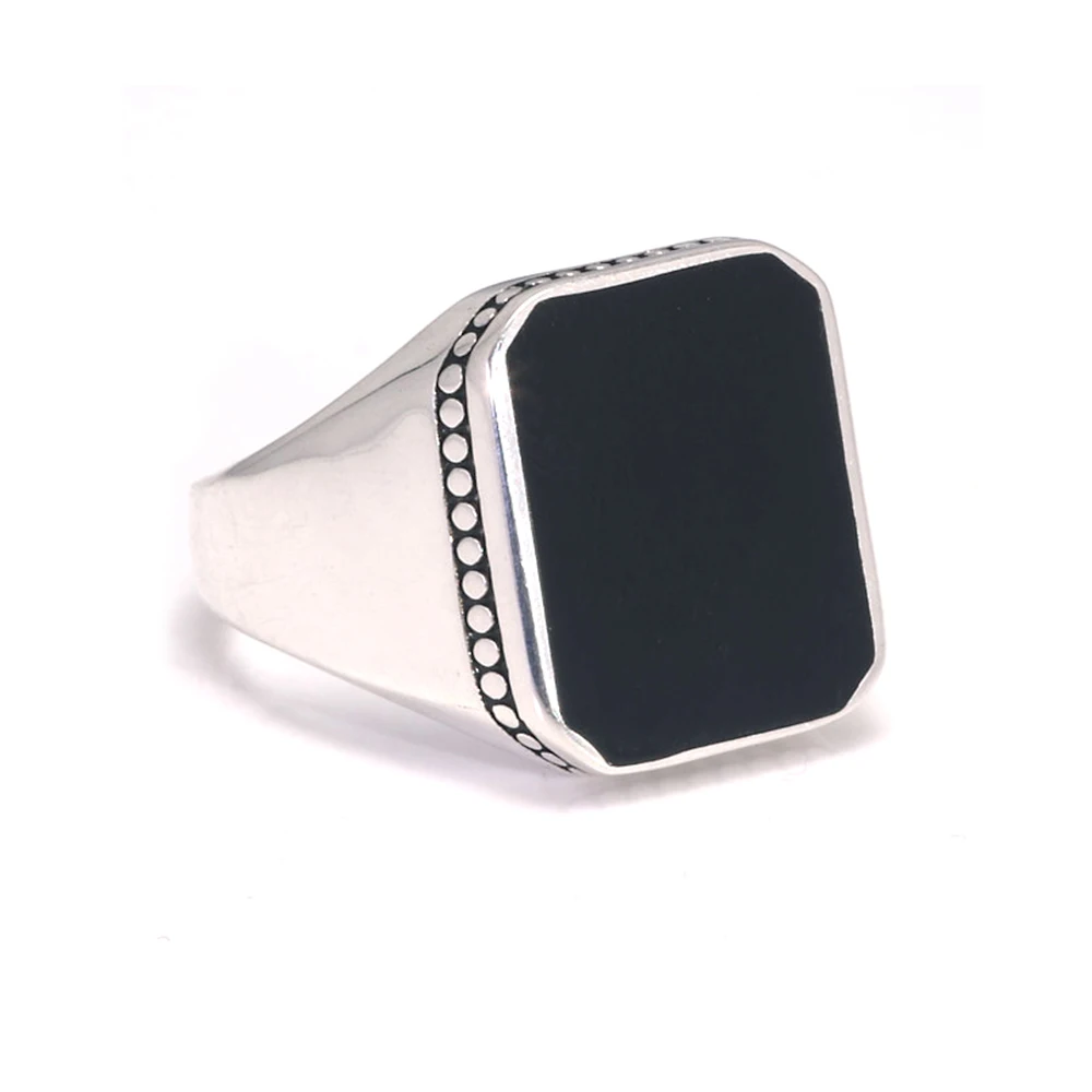 Серебряное кольцо из натуральной твердой кожи и черным квадратным плоским