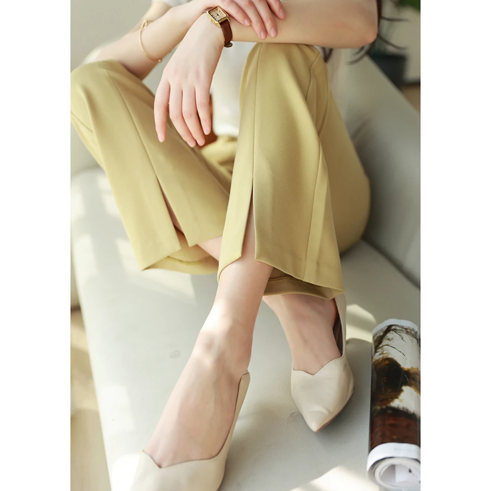

High Waist Slim Fit Leg Length Loose Version Business Casual Office Solid Color Foot Slit Design Ladies Spring Autumn Trousers