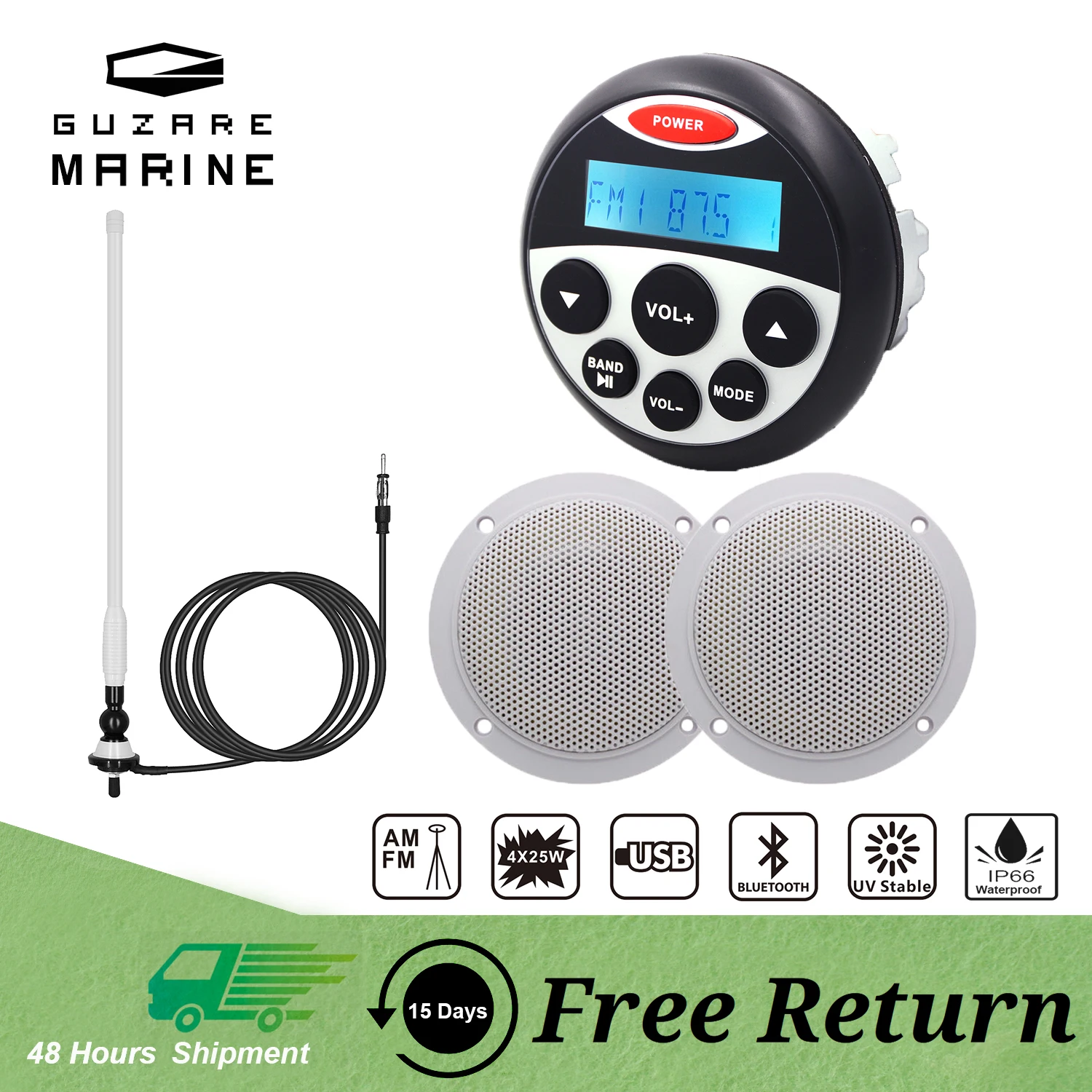 GUZARE MARINE Stereo Radio USB Bluetooth Waterproof + 2Pcs 4