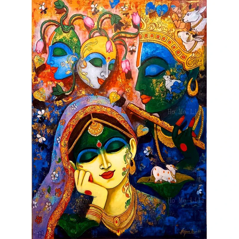 Снятие любви и выражение Маски Кришна Листья лотоса цветы выставляются цветущие