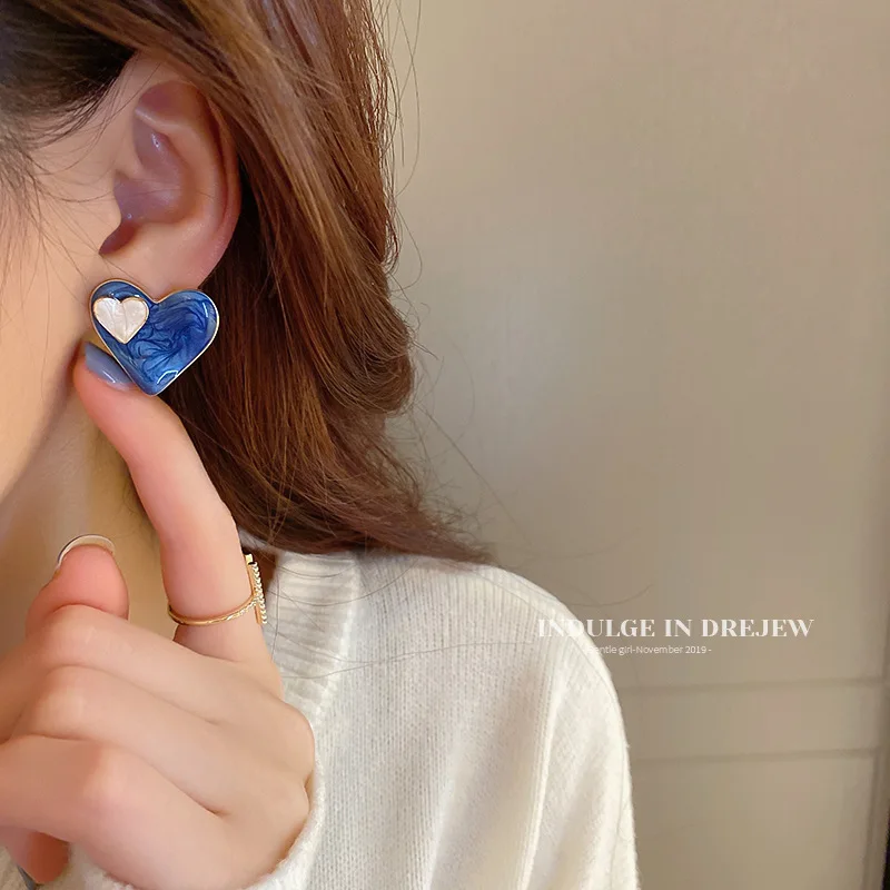 Fashion Double Blue Love Heart Stud Earrings for Women Girls Korean Wedding Party Statement Enamel Jewelry Lady Friendship Gift