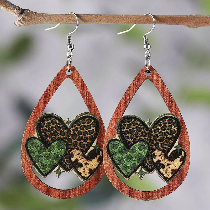 

St. Patrick's Day Leopard LOVEEarrings Four leaf Grass Dwarf Earrings Valentine's Day Irish Green Double Sided Wooden Earrings