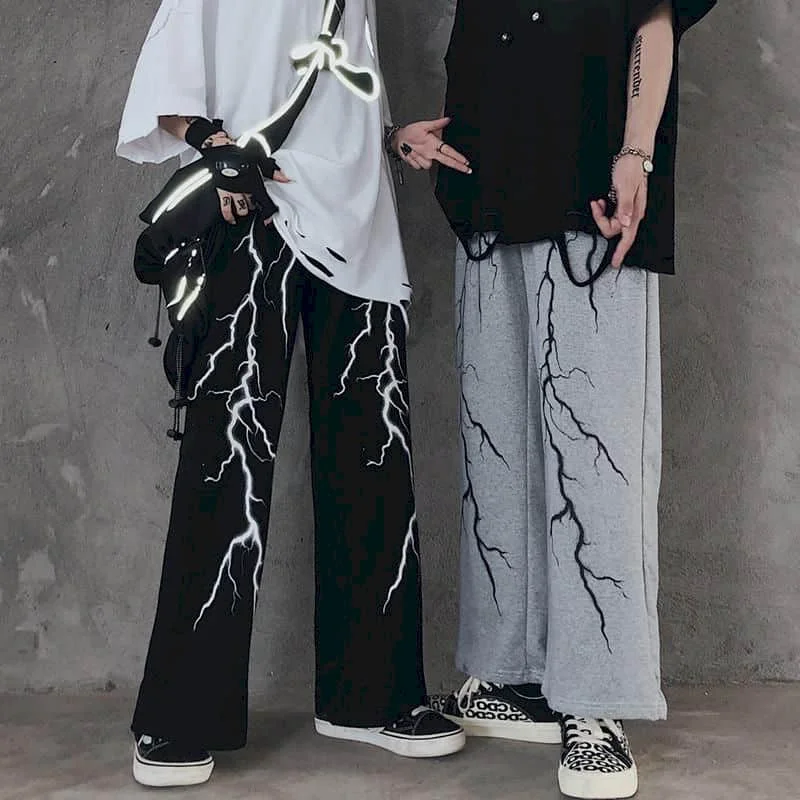 

Men's casual pants dark lightning print loose all-match retro pants high street straight wide-leg pants sports pants mens autumn