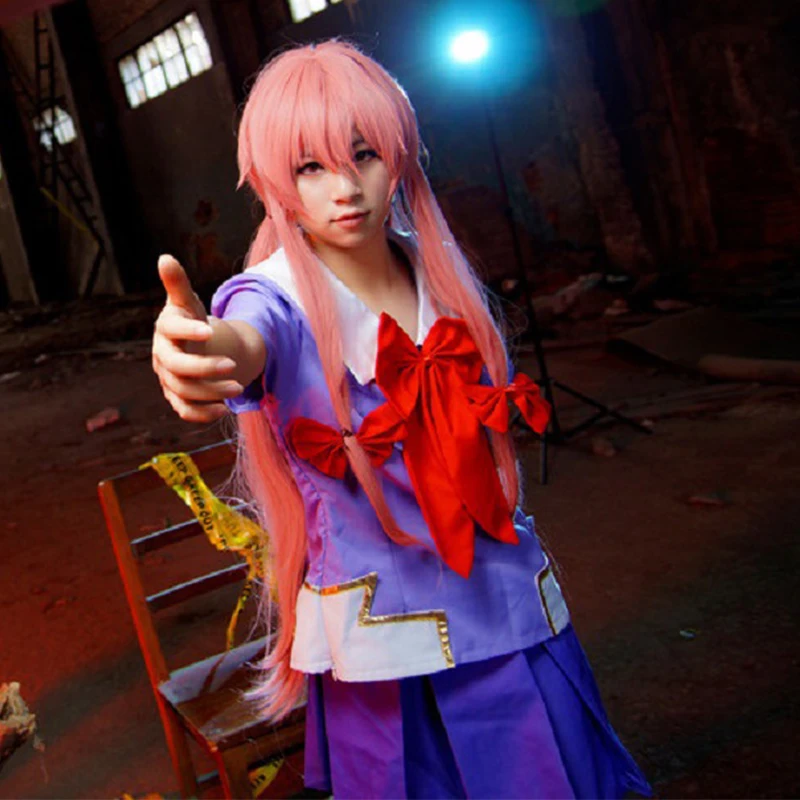 Женский костюм для косплея Mirai Nikki Gasai Yuno Длинный розовый парик с
