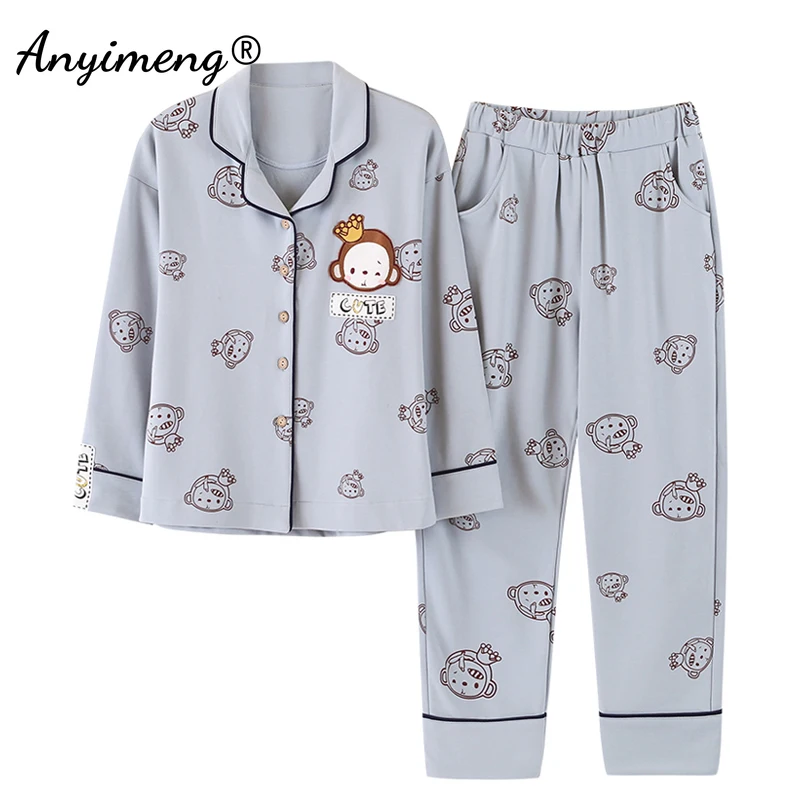 

New Autumn Winter Soft Cotton Pajamas for Women Turn-down Collar Monkey Printing Nightwear Sleepwear Leisure Homewear for Girls
