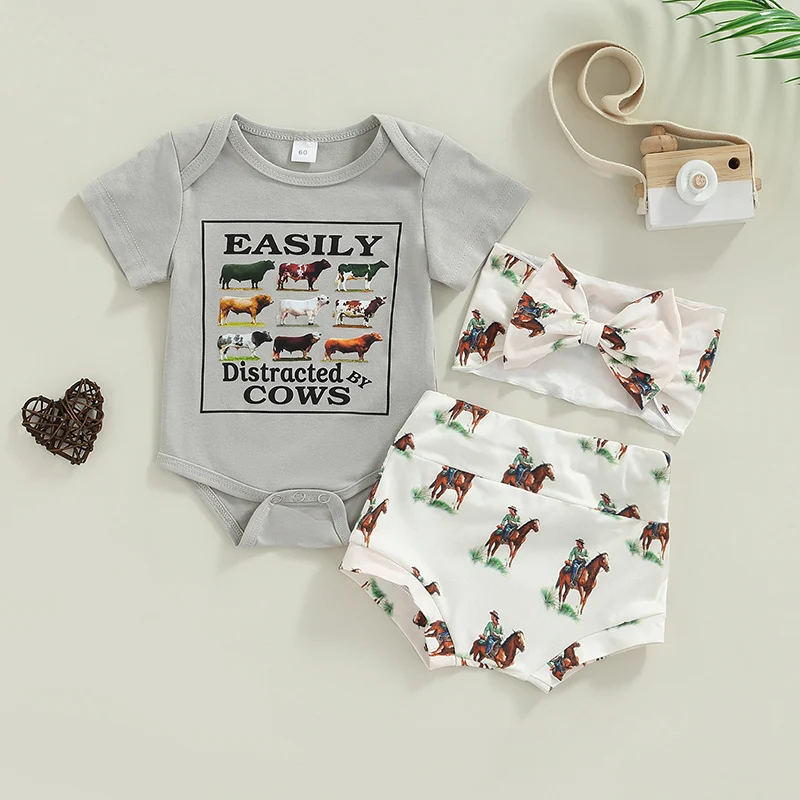 

Toddler Baby Unisex 3pcs Summer Clothes Casual Suit Short Sleeve Animal Printed Romper Cartoon Printed Shorts+headband Outfits
